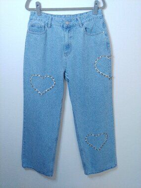 Cider Denim Heart Rhinestone Wide Leg Jeans Light Wash